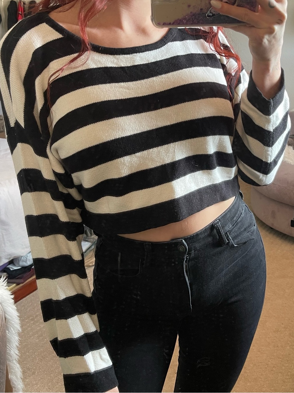 Forever 21 Black & White Striped Cropped Knit Top Sweater Size M